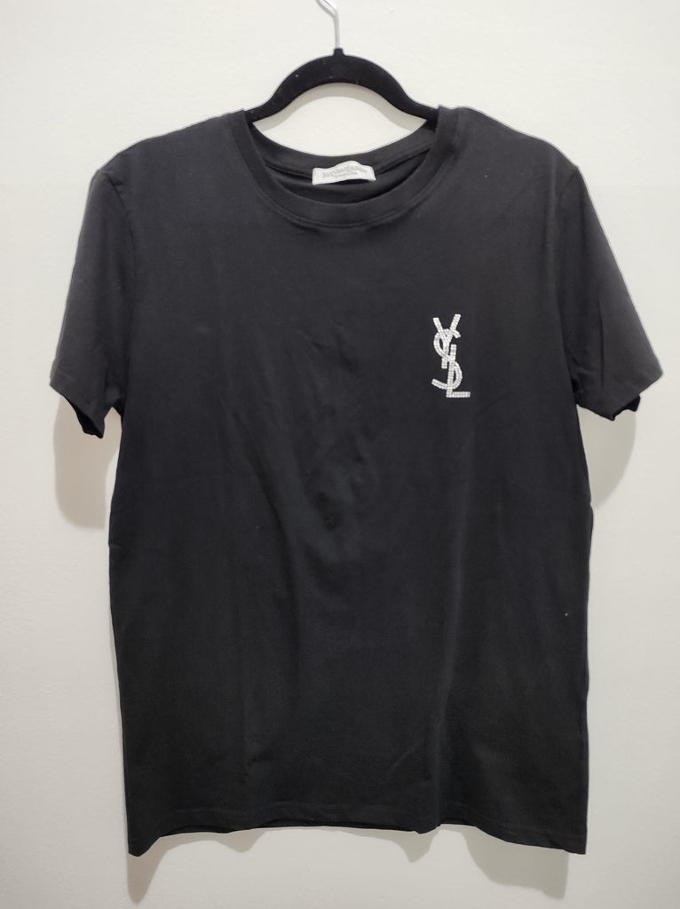 Camiseta T-shirt YSL manga corta negra con logo en brillos
